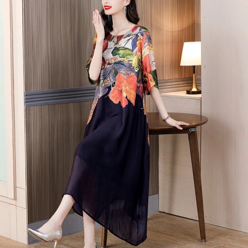 Elegant Light Floral Rayon Midi Loose Fit Waist Fashion Dress for Women B-144582
