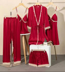 Women Sexy V-Neck 5pcs Faux Silk Nightwear M 001727000 - TUZZUT Qatar Online Shopping