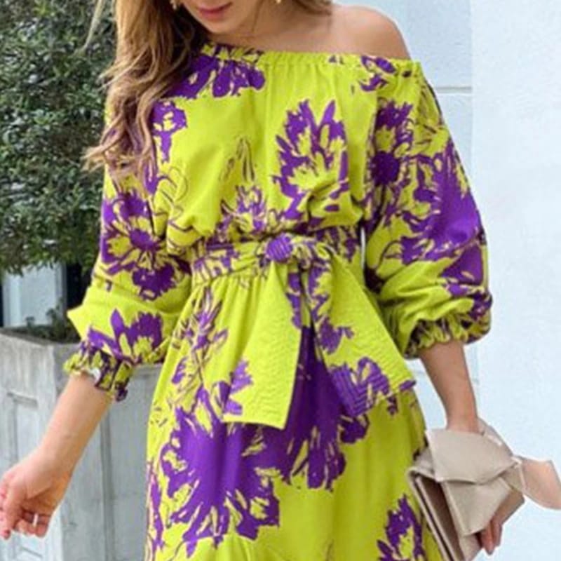 Women Maxi Dress Fashion Casual Floral Print Lantern Long Sleeve Streetwear B-28496