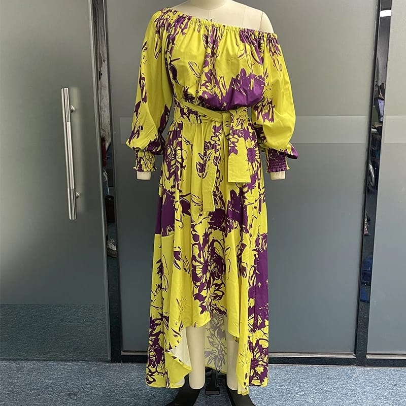 Women Maxi Dress Fashion Casual Floral Print Lantern Long Sleeve Streetwear B-28496