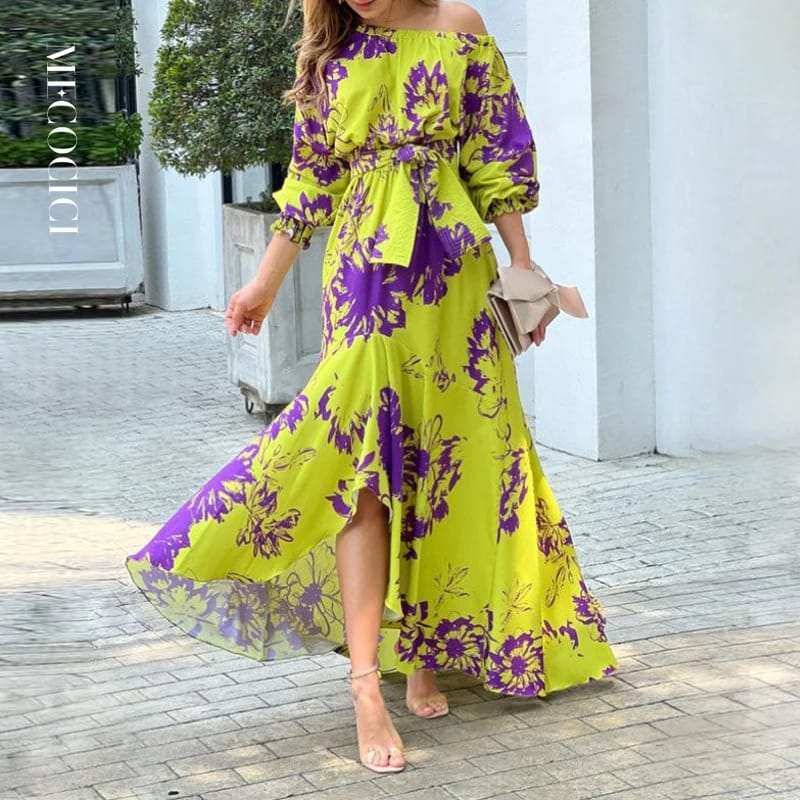 Women Maxi Dress Fashion Casual Floral Print Lantern Long Sleeve Streetwear B-28496
