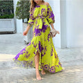 Women Maxi Dress Fashion Casual Floral Print Lantern Long Sleeve Streetwear B-28496