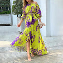 Women Maxi Dress Fashion Casual Floral Print Lantern Long Sleeve Streetwear B-28496 - TUZZUT Qatar Online Shopping