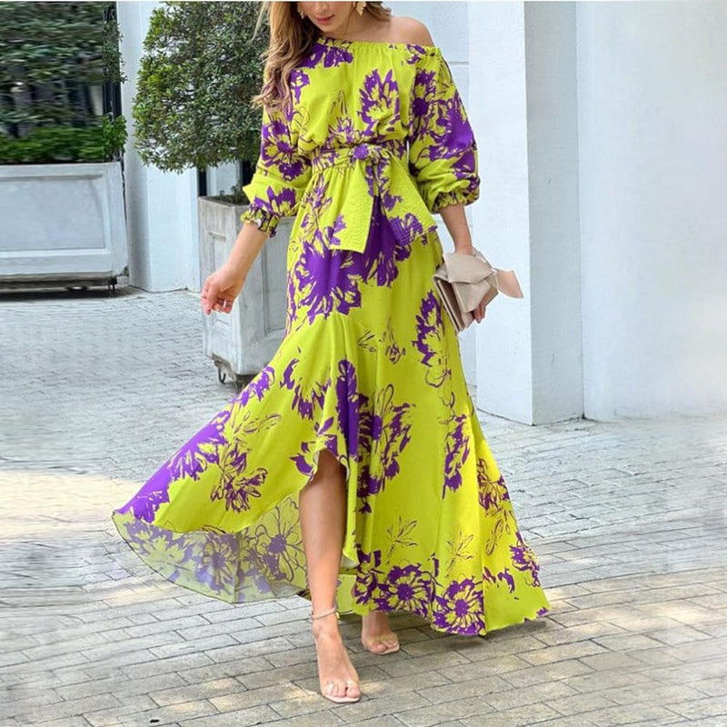 Women Maxi Dress Fashion Casual Floral Print Lantern Long Sleeve Streetwear B-28496