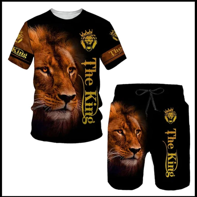 Animal Lion 3D Print Short Sleeve O-Neck T-Shirt Shorts S365364