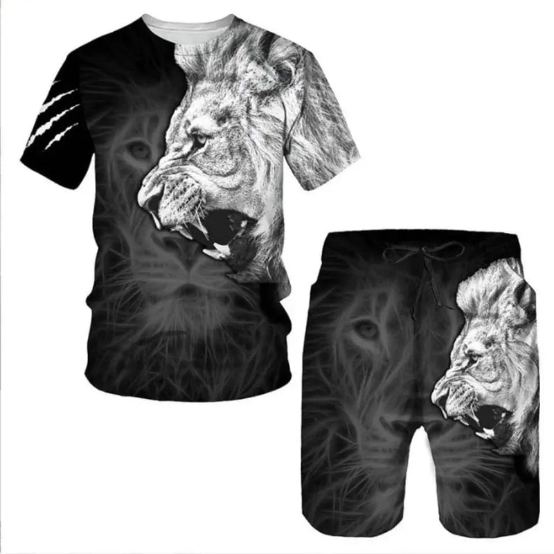 Animal Lion 3D Print Short Sleeve O-Neck T-Shirt Shorts S365364