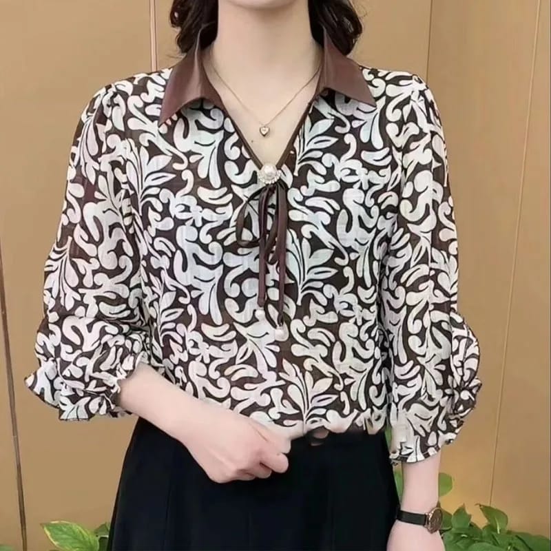 Elegant Vintage Beading Spliced Turn-down Collar Tops for Female 3XL S4978322 Elegant Vintage Beading Spliced Turn-down Collar Tops for Female 3XL S4978322