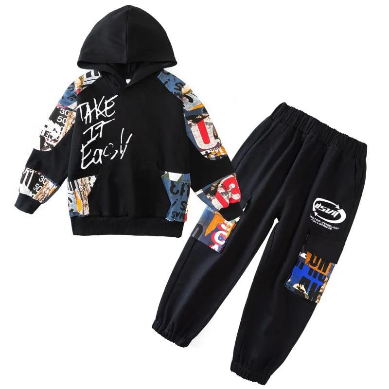 Clothing Sets Hip Hop Boy Anime Suit Teenager Children Korean GRAFFITI Hooded Cotton Sweater + Pants12-13Y S3931612