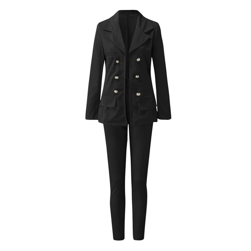 Office Wear Women Suit Autumn New Double Breasted Long Sleeve Turn-down Collar Blazers + Solid High Waisted Pant Outfits L  001660007