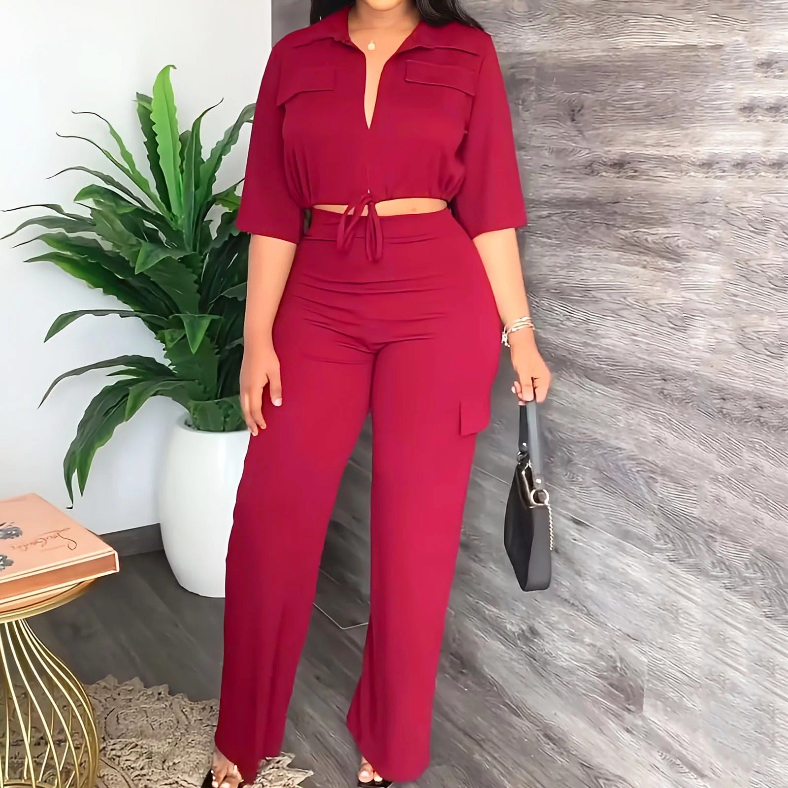Women Casual Lace Up Solid Crop Top and Pant Set L B-74498 Women Casual Lace Up Solid Crop Top and Pant Set L B-74498