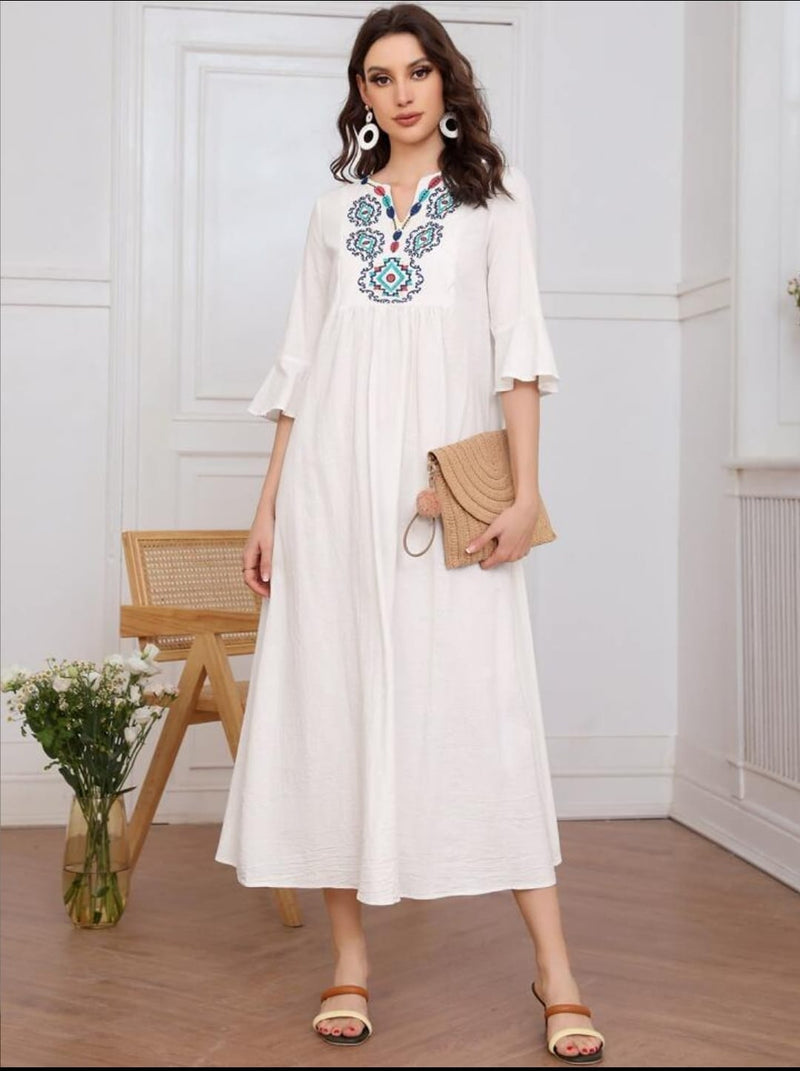 Summer New Arts Style Vintage Embroidery Solid Color Cotton Linen Loose Casual Long A-line Dress Women 001147007