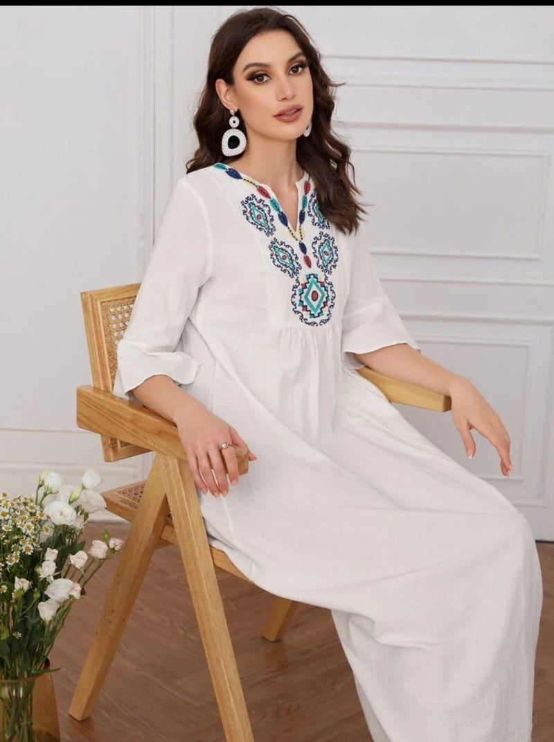 Summer New Arts Style Vintage Embroidery Solid Color Cotton Linen Loose Casual Long A-line Dress Women 001147007