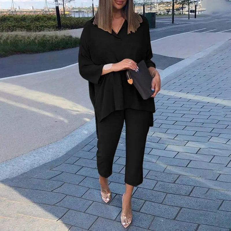 Summer Fashion Oversized Asymmetrical Outfit Short Sleeve Solid Tops Baggy Straight Ankle Length Pants Sets M S4622250