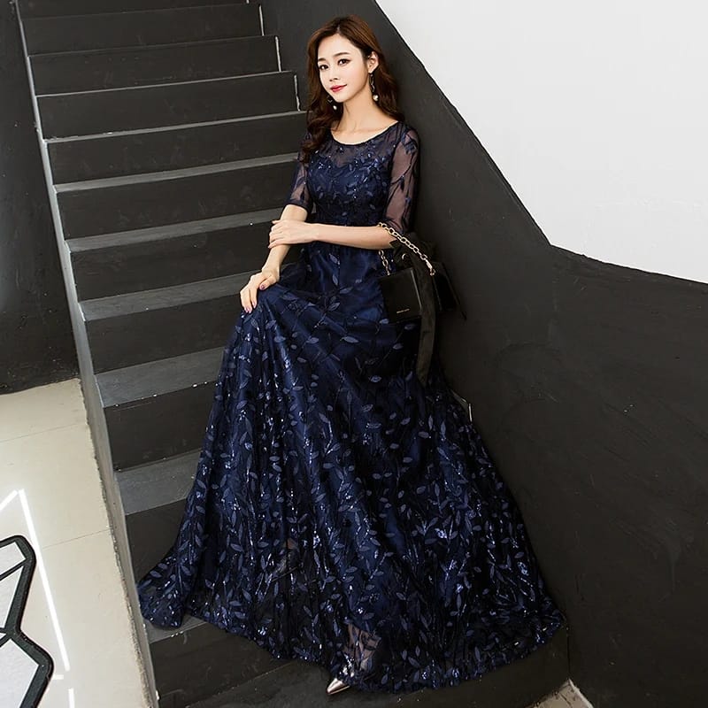 Navy Blue Sequin Lace Evening Gowns XL 36829