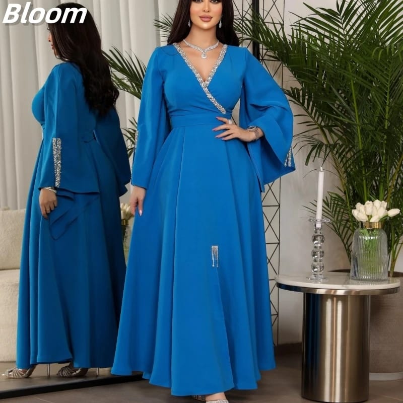 V Neck Long Sleeves High Quality Satin Formal Occasion Gown XL S4919933