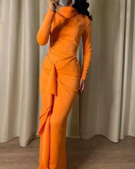 O-neck Full Sleeve Orange Ruffle Zipper Up Satin Wedding Evening Dress L S5080934