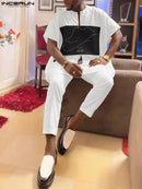 INCERUN Men Sets Printing Tassel Muslim Clothing V Neck Short Sleeve T Shirt & Pants 2PCS L S4731227 - TUZZUT Qatar Online Shopping