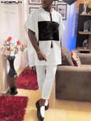 INCERUN Men Sets Printing Tassel Muslim Clothing V Neck Short Sleeve T Shirt & Pants 2PCS L S4731227 - TUZZUT Qatar Online Shopping