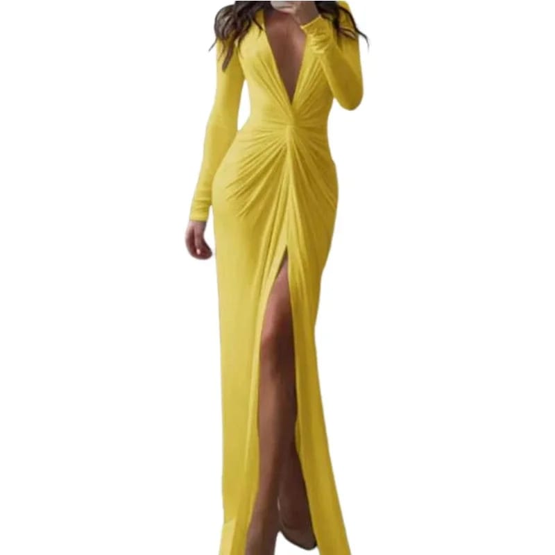 Sexy Long Sleeve V Neck Split Pleated Long Dress B-84946 Sexy Long Sleeve V Neck Split Pleated Long Dress B-84946