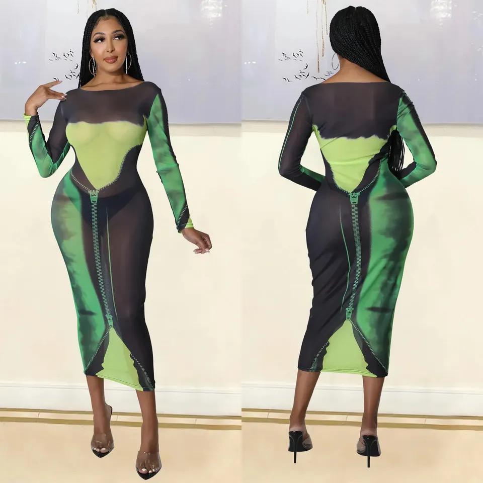 Women Fashion Mesh Print Long Sleeve Mid-length Dress X5046969 Women Fashion Mesh Print Long Sleeve Mid-length Dress X5046969