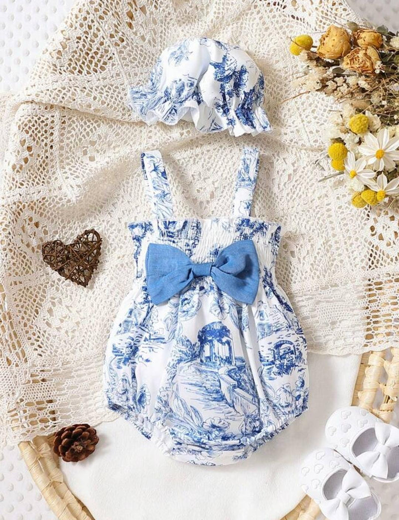Comfortable And Cool Ink Style Baby Girls Romper With Decorative Bow And Hat 18-24M 1473270