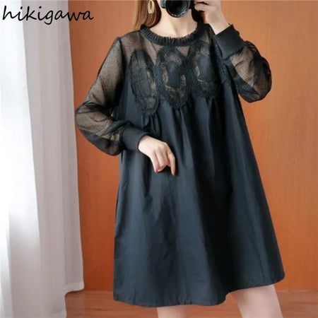 Long Sleeve Patchwork Lace Hollow Out Robe Femme Vintage Korean Fashion Dress 2XL X3761567