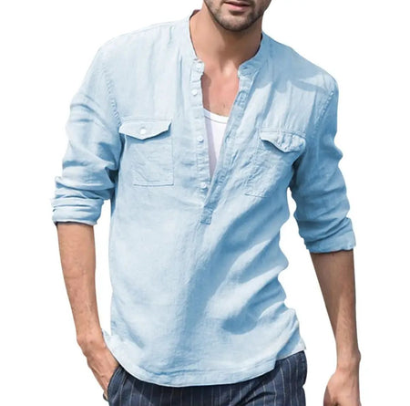 Shirt Men's Baggy Cotton Linen Pocket Solid Long Sleeve Retro Shirt 3XL X379218