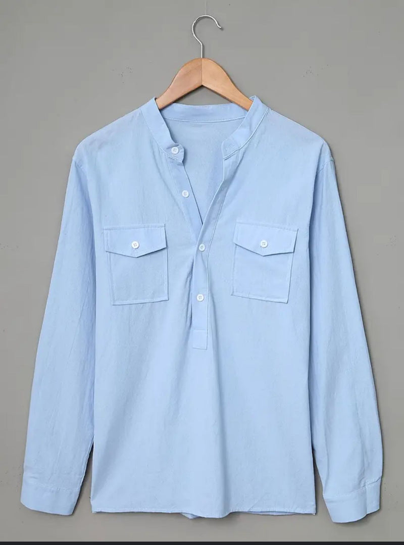 Shirt Men's Baggy Cotton Linen Pocket Solid Long Sleeve Retro Shirt 3XL X379218