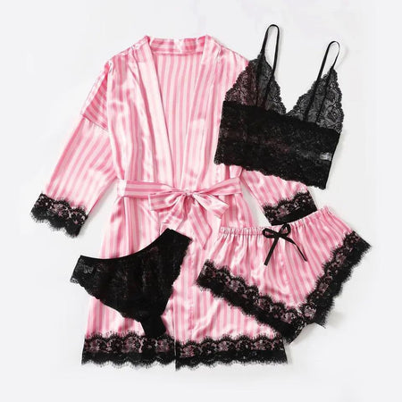 Woman Sleepwear 4pcs Floral Lace Trim Satin Pajamas Set with Robe M S4948496