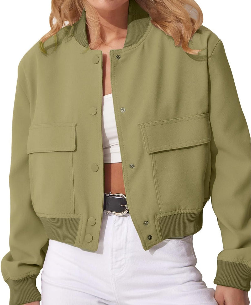 Women's Cropped Bomber Jacket Button Up Casual Streetwear L S9327821