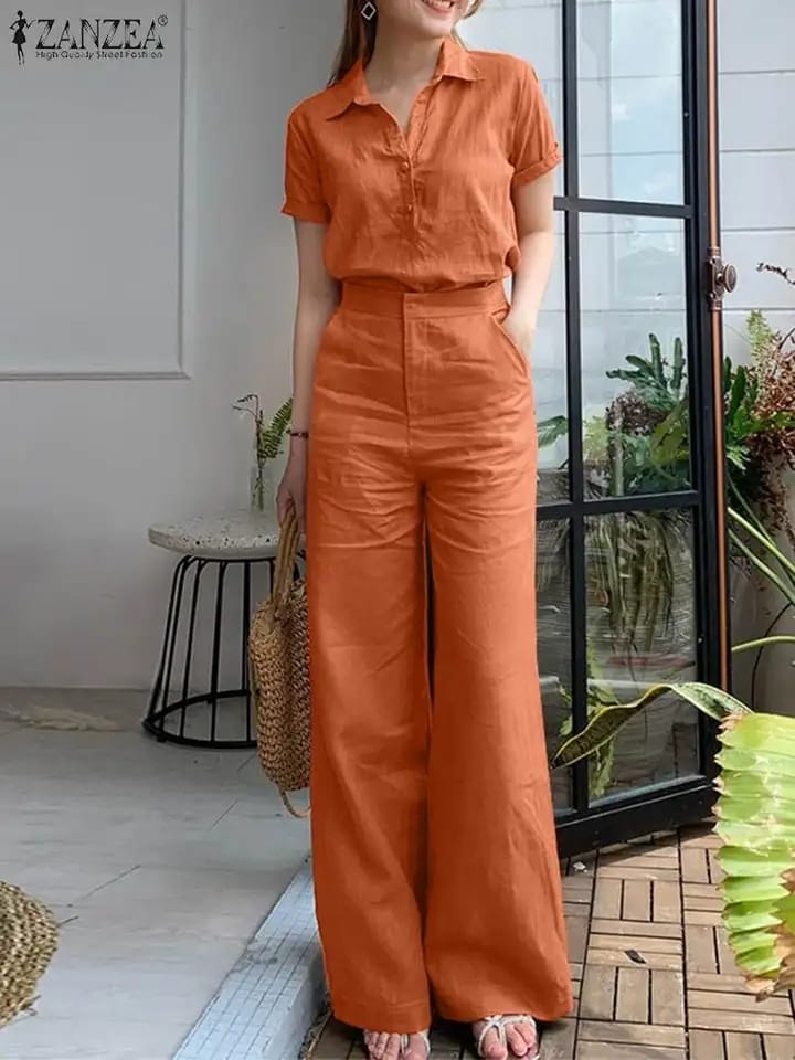 Women's Set Stylish Lapel Shirt Wide Leg Pants Set 000993029 Women's Set Stylish Lapel Shirt Wide Leg Pants Set 000993029