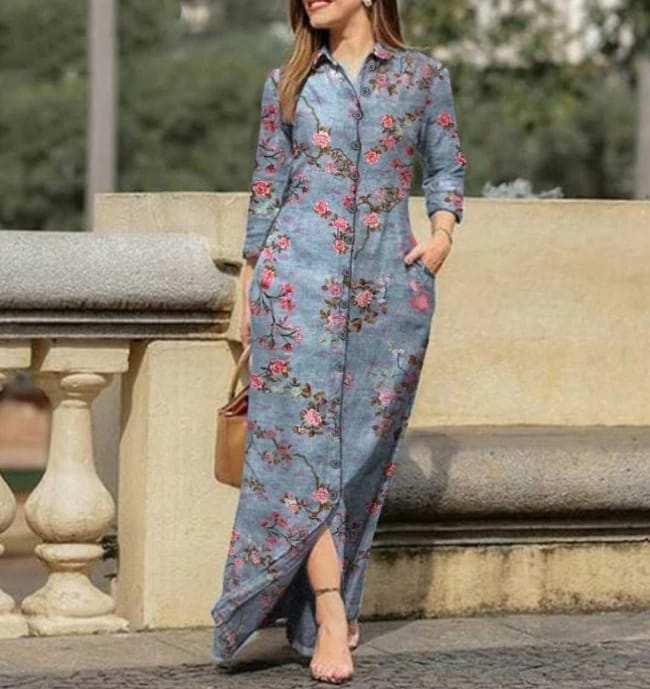 New Autumn Women's Casual Lapel Collar Button Vintage Floral Print Boho Long Dress B-106773 New Autumn Women's Casual Lapel Collar Button Vintage Floral Print Boho Long Dress B-106773