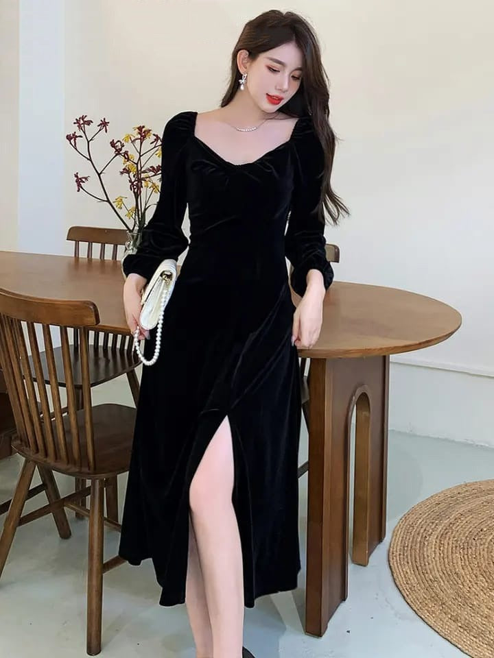 Black Elegant Velvet Dress Women Vintage Casual Party Long Split Dress S S5063699