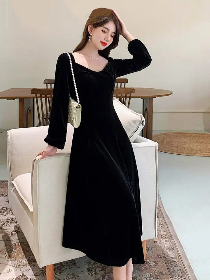 Black Elegant Velvet Dress Women Vintage Casual Party Long Split Dress S S5063699
