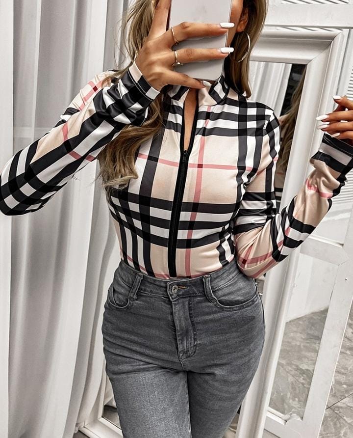 Plaid Print Zipper Design Long Sleeve Skinny Bodysuit L X4522218 Plaid Print Zipper Design Long Sleeve Skinny Bodysuit L X4522218