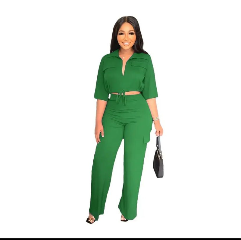 Fashion 2 piece sets women's outfits Casual Solid Lace-up Short Top pant suits M 9849