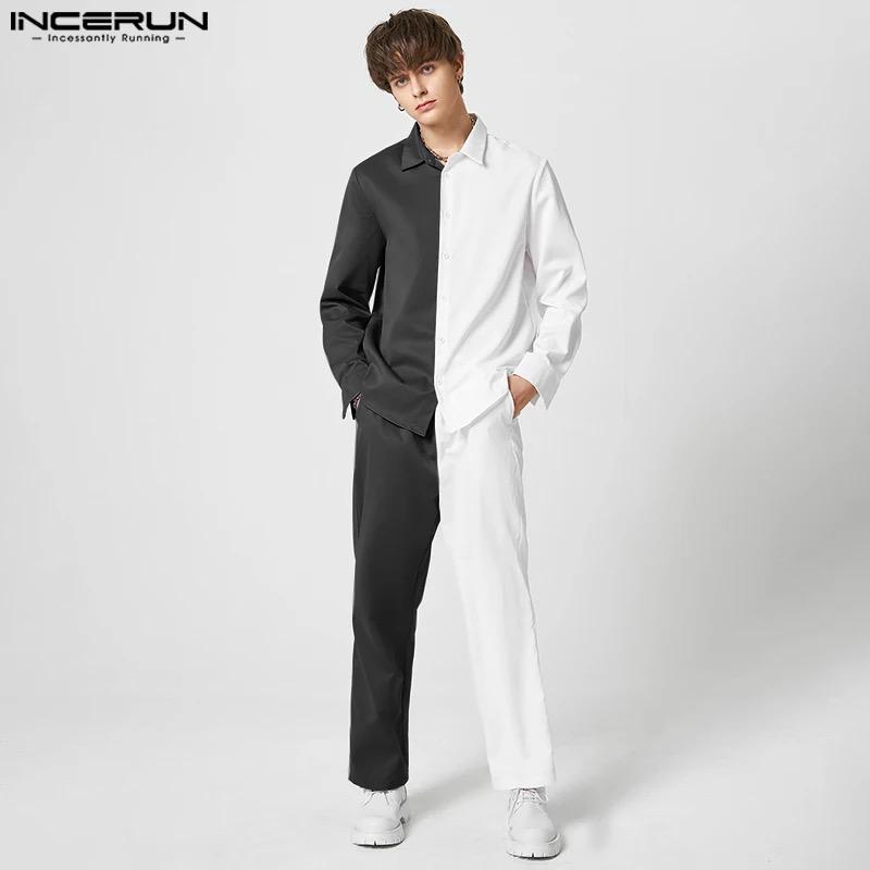 Fashion Men Sets Patchwork Streetwear Lapel Long Sleeve Button Shirt & Pants XL S4968623