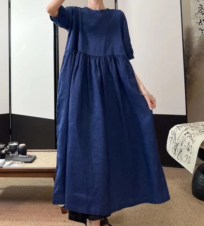 Women's Short Sleeve Solid Loose Waist O-Neck Comfortable Style Casual Summer Long Dress 5XL B-108260