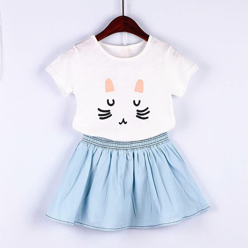 Toddler Girl Rabbit Print Suit Summer Short Sleeve Shirt Top Short Skirt Suit 2 Piece Set 9-10Y X1353470