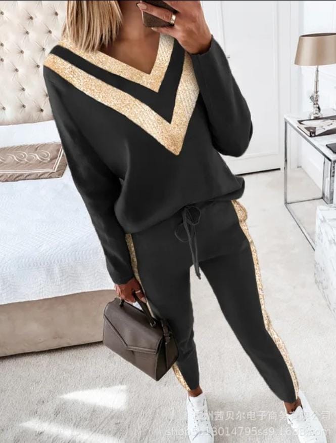 Contrast Piping Top & Drawstring Pants Set Women 2pcs M 29708 Contrast Piping Top & Drawstring Pants Set Women 2pcs M 29708