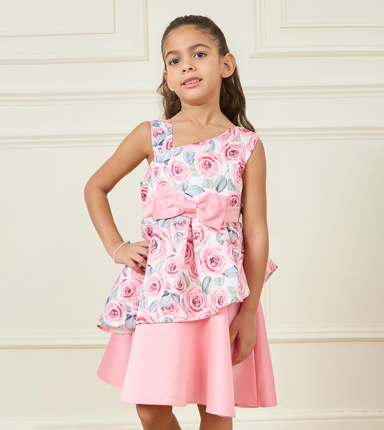 Floral Print Bow Front Overlay A-Line Dress 2-3Y S4920604