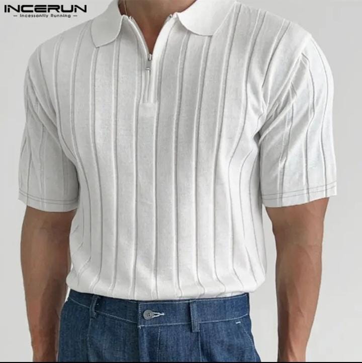 INCERUN Men Shirt Lapel Short Sleeve Zipper Knitted Solid Color Men Clothing XL S4622241