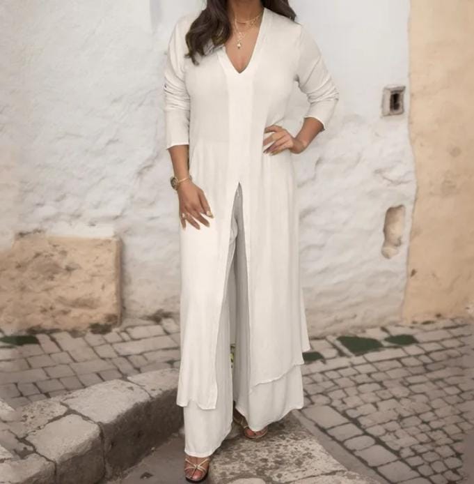 Women Two Piece Set Split Long Top Casual Wide Leg Pants Elegant Plus Size B-102316 Women Two Piece Set Split Long Top Casual Wide Leg Pants Elegant Plus Size B-102316