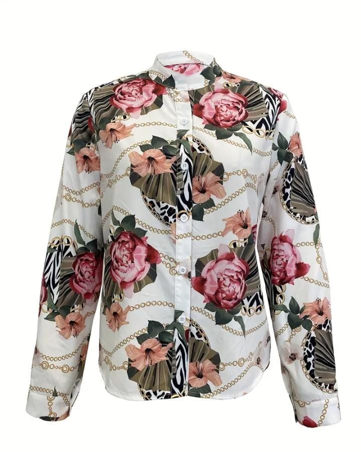 Floral Random Printing Blouse Casual Button Front Long XL 08880904
