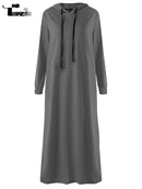 Muslim Dress Women Sweatshirt Dress Stylish Hoodies Long Sleeve Maxi Dress Female Casual Solid Hooded Vestidos Robe S2756458 - TUZZUT Qatar Online Shopping