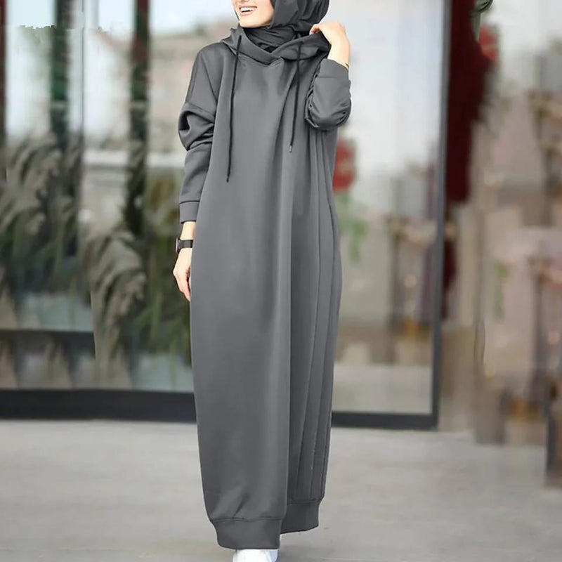 Muslim Dress Women Sweatshirt Dress Stylish Hoodies Long Sleeve Maxi Dress Female Casual Solid Hooded Vestidos Robe S2756458