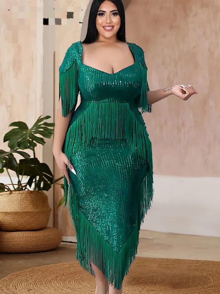Summer Dress Plus Size Green Sequin Midi Evening Luxury Dress 4XL S4689180