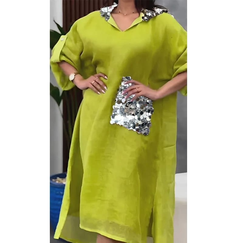 Vintage Female Casual Patchwork Sequin Pocket Boho Beach Dress XL 4518 Vintage Female Casual Patchwork Sequin Pocket Boho Beach Dress XL 4518
