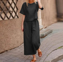Two Piece Sets Women Summer Casual Cotton Linen O-Neck Tops And Pants Set B-21378 - TUZZUT Qatar Online Shopping