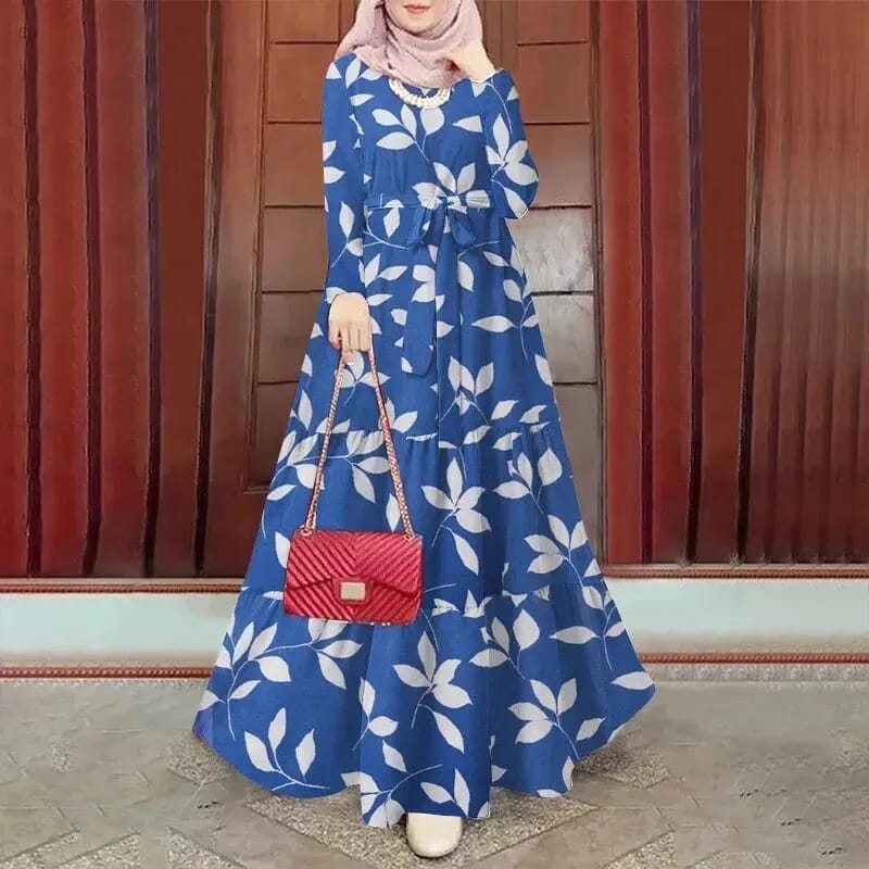 middle eastern dress for women Elegant Long Sleeve Abaya Gown | Women's Eastern-Inspired Navy Blue & Golden Lace Trim Polyester Operation Instruction Middle Eastern East Dresses Online